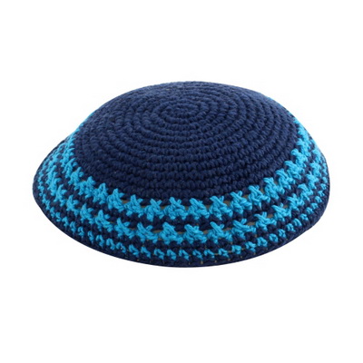 כיפה סרוגה 15 ס"מ כחול עיטור כחול