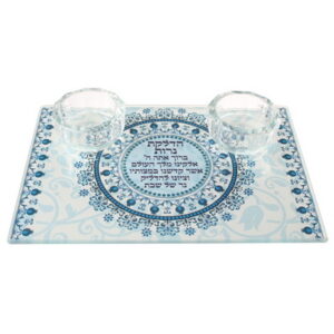 מגש עם בתי נר זכוכית בלתי שבירה מודפסת "עיטורים" גווני כחול 14x20 ס"מ