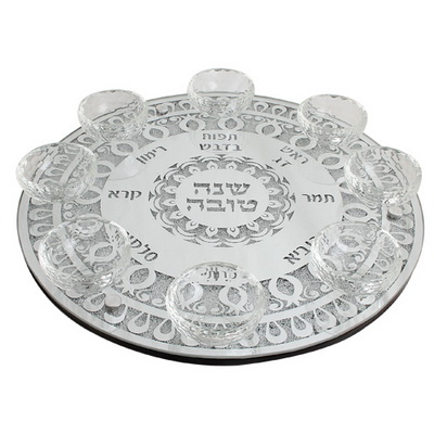 מגש עגול זכוכית עם אבנים לראש השנה 40 ס"מ