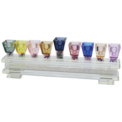 * חנוכיה קריסטל מהודרת עם קנים צבעונים 9*28 ס"מ