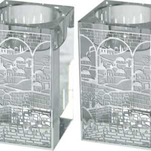 זוג פמוטי קריסטל מרובע עם פלקטה ירושלים 8 ס"מ