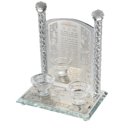 פמוטי קריסטל עם פלקטה הדלקת נרות "ירושלים" 24 ס"מ