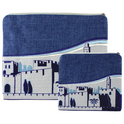 סט טלית תפילין פשתן רקמה מגדל דוד גווני כחול 29X35 ס"מ