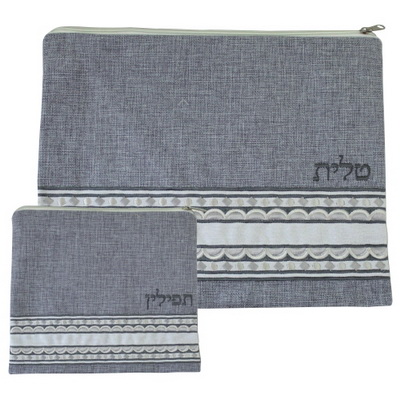 סט טלית תפילין פשתן אפור רקמה גווני אפור 36*29