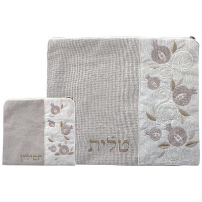  סט טלית ותפילין פישתן בז' עם ריקמה צבעי בז'