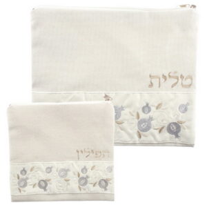 סט טלית תפילין פשתן בז' עם ריקמה רימונים 36*29 ס"מ