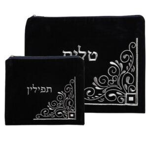  סט טלית תפילין קטיפה כחול כהה עם ריקמה 36*29 ס"מ