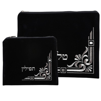 סט טלית תפילין קטיפה כחול כהה עם ריקמה 36*29 ס"מ