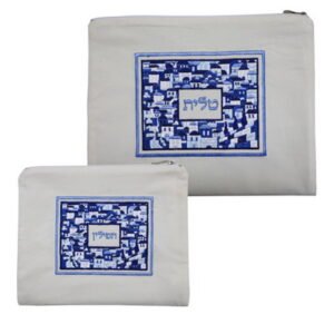 סט טלית תפילין קטיפה מדיום לבן עם ריקמה ירושלים 36*29 ס"מ