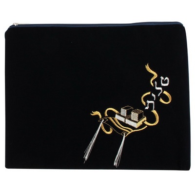 סט טלית תפילין קטיפה כחול כהה עם ריקמה 36*29 ס"מ