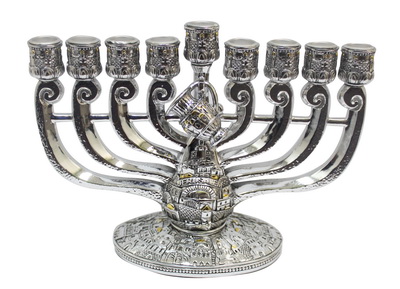 חנוכיה פוליריזן מוכסף כדור ירושלים וכד 17x25 ס"מ