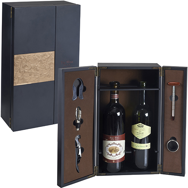 קופסאת עץ לשני בקבוקי יין עם לוחית ריקועים עם 5 אביזרים ליין ZA-4042 1 קופסאת עץ לשני בקבוקי יין עם לוחית ריקועים עם 5 אביזרים ליין ZA-4042