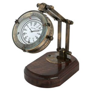 שעון שולחני מנחושת בקוטר 12 ס"מ עם רגל מתכווננת ובסיס עץ   ZA-4211