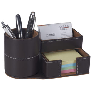 מעמד שולחני דמוי עור חום 19ס"מ כולל ממו+כרטיסי ביקור וכוס עטים עגולה ZA-4241